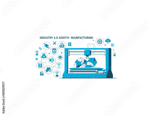 Modern 3D printer creating object with Industry 4.0 technology icons