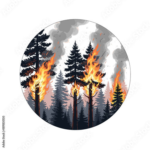 Forest trees engulfed in flames with smoke during wildfire  