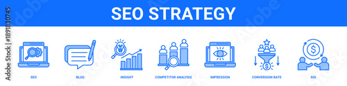 Seo Strategy web banner icon set collection solid style.