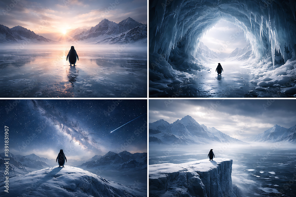 custom made wallpaper toronto digitalThe Penguin's Solitude: A solitary penguin navigates a serene and frozen arctic world. Through four different vignettes, experience the beauty of this icy realm and the penguin's quiet journey. 