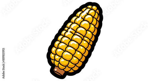 A single ear of ripe yellow corn on a white background.