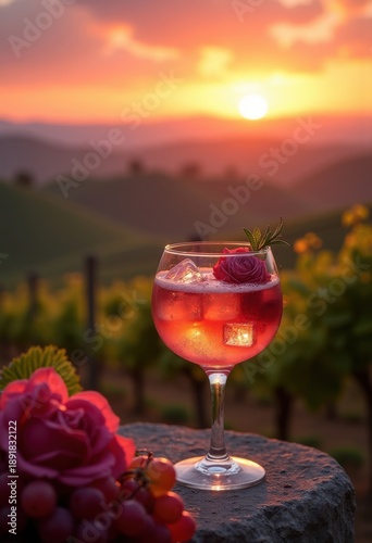 Breathtaking Sunset Vineyard Terrace with Glass of Rose Wine Beautiful Grass and Hills