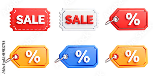 A collection of vibrant 3d rendered sale tags and percentage signs ideal for promotions on transparent background high quality professional detailed