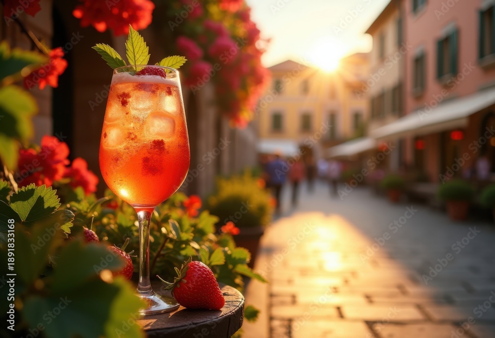 Fototapeta premium Charming Aperol Spritz Wine Glass Grapevines Lush European Summer Piazza Ambiance Vintage Charm