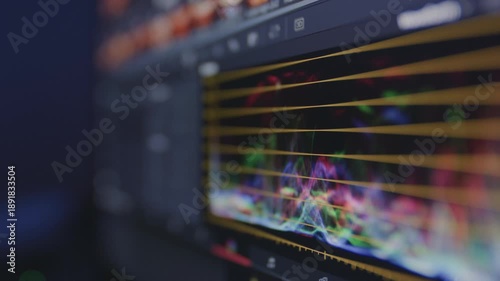 Indicator color signal, table. Close-up of video editing on a computer monitor, showing the editing software interface, timeline, and correction workflow in detail. Laptop or display, Mixing