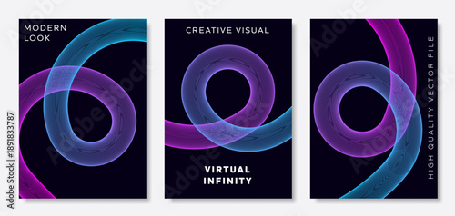 Intertwined blue and purple mesh loops on A3 poster design for creative visuals magazine covers and tech event advertisements