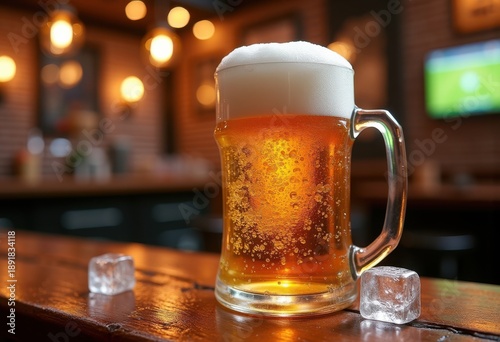 Foamy Cold Beer Mug Overflowing Fresh Brew Close-Up Sports Bar Experience