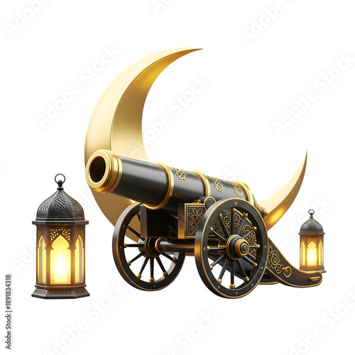 Golden cannon with crescent moon and lanterns ramadan decoration isolated on transparent background