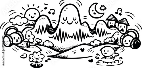 Shared Audio Soundscape Icon. Doodle-style vector icon of a shared audio world, soundscape shaped like a gentle living terrain