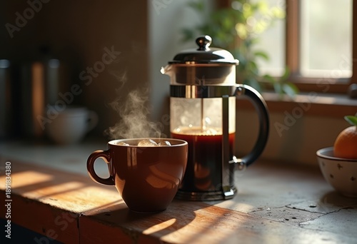 Rustic French Press Coffee Brewing Fresh Grounds Natural Kitchen Counter Morning Ritual