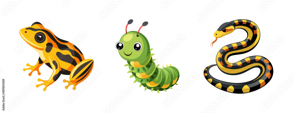 Naklejka premium A colorful vector illustration of a frog, caterpillar, and snake in a flat design style