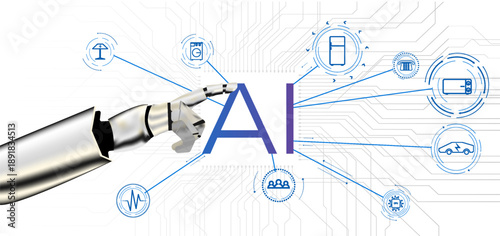 Robot hand points at AI with various connected icons showing technology in use in modern life and industry