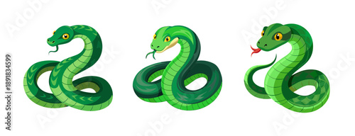 A set of three green snakes in different poses on a transparent background