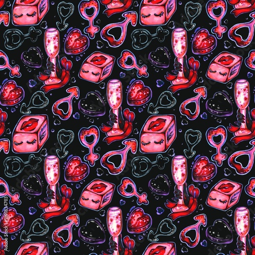 Cute pattern with hand-painted red Valentine themed elements in cartoon and playful style on dark background.