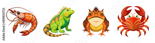 A colorful vector illustration of four marine and terrestrial animals, including a lobster, lizard, frog, and crab, in a flat design style.