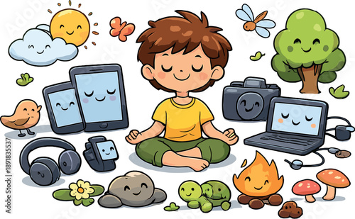 Harmonious Digital Detox. Friendly doodle digital detox scene where character, devices and nature items all have smiling faces,