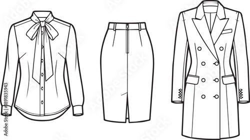 Office apparel technical drawing set with bow tie shirt midi skirt and long blazer coat