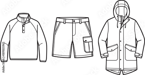 Outline set of men's casual outdoor wear including a long-sleeve shirt, shorts, and a jacket