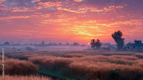 Golden wheat field swaying in the wind during a scenic rural sunrise with a dramatic pink and orange sky, a rising sun, and early morning fog creating a serene landscape
