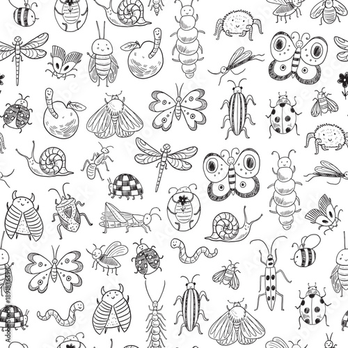 Funny bugs vector hand drawn line seamless pattern.