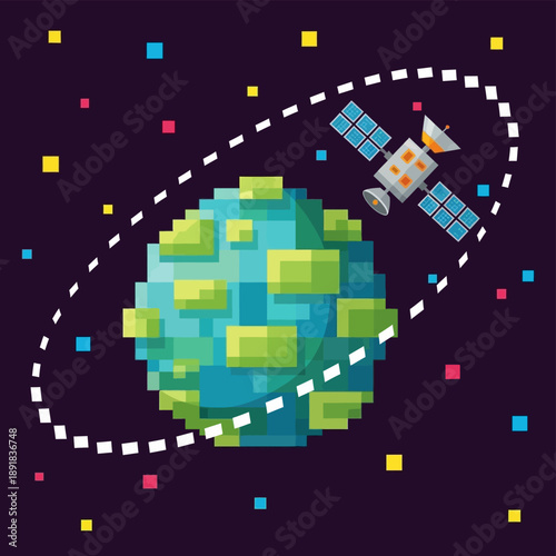 Pixel Art Satellite Orbiting Earth Globe.