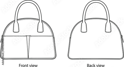 Handbag technical drawing vector, front and back view with stitching lines and hardware details