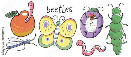 Funny beetles vector hand drawn illustrations set.