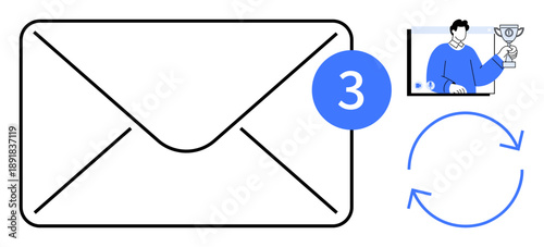 Email envelope with notification badge, user celebrating trophy achievement on-screen, and synchronization arrow icon. Ideal for communication, updates, awards, teamwork, notifications, productivity