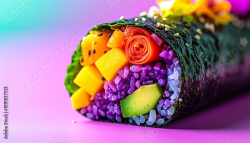 Colorful Vegan Sushi Roll with Mango, Avocado, and Carrot.