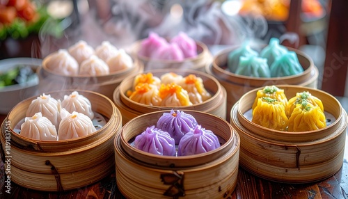 Colorful Steamed Dumplings - A Culinary Delight in Bamboo Baskets.