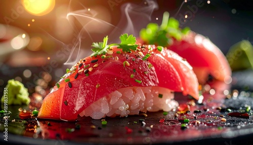 Exquisite Tuna Nigiri Sushi with Fresh Wasabi and Sesame Seeds.