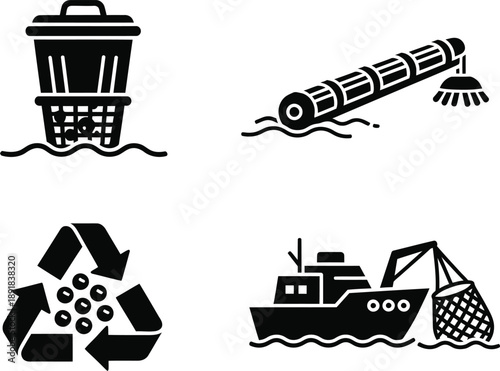 Collection of icons symbolizing marine pollution and conservation efforts.
