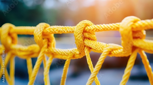 Cuadro en lienzo Bright yellow safety netting stretched taut with intricate knots creating a secu