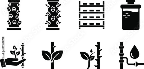 Set of icons illustrating vertical farming and hydroponic systems for plant growth.