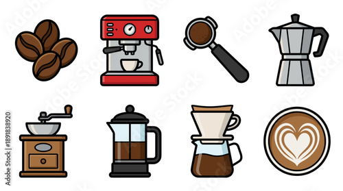 Vector Icon Set of Coffee Brewing Equipment Featuring Roasted Beans, Espresso Machine, Portafilter, Moka Pot, Manual Grinder, French Press, Pour Over Dripper, and Latte Art in Bold Outline Style