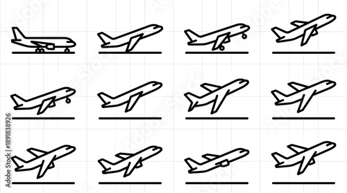 Minimalist Line Art Icon Set of an Airplane Taking Off from a Runway, Black and White Vector Illustrations Showing Flight Sequence, Aviation Symbols for Travel, Transportation, and Departure.