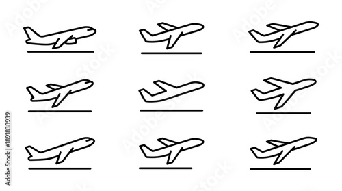 Minimalist Vector Icon Set of Airplanes Taking Off from a Runway in a Grid Layout. Black and White Line Art Illustration for Travel, Aviation, and Transportation Graphic Design Projects.