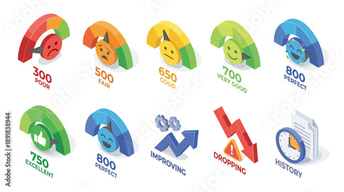 3D Isometric Credit Score Gauge Meter Icons with Emoji Faces and Score Ranges. Includes Improving and Dropping Trend Arrows and History Clock. Financial Rating and Credit Report Dashboard.