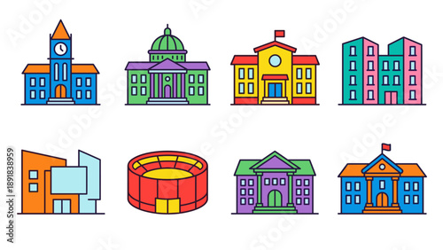 Vibrant Vector Icon Set of University Campus Buildings in Flat Style. Colorful Educational Architecture Elements Including Library, Stadium, School, Museum, and Clock Tower on White Background.