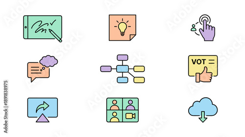 Professional Set of 9 Pastel Flat Design Icons for Virtual Whiteboard Brainstorming, Online Collaboration, and Remote Work. Features Digital Signature, Idea Note, Mind Map, Voting, and Video Meeting.