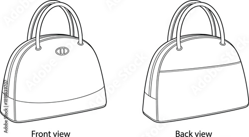 Technical sketch of dome-shaped handbag — front and back views with logo and seam details for fashion design and accessory illustration