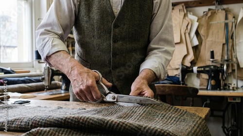 Elderly tailor cutting fabric with scissors in workshop setting  