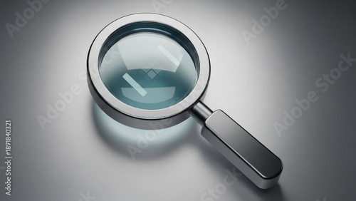 Magnifying glass with checkmark in studio lighting on gray background for business