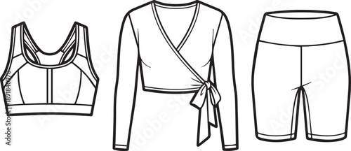 Women activewear set featuring sports bra wrap top and high waisted bike shorts line art