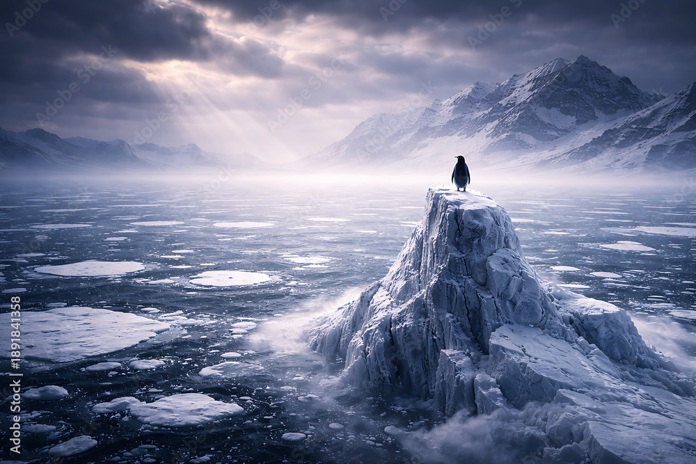 custom made wallpaper toronto digitalSolitary Sentinel: A penguin stands resiliently atop an icy pinnacle in a vast, snow-swept landscape. The overcast sky, pierced by beams of light.