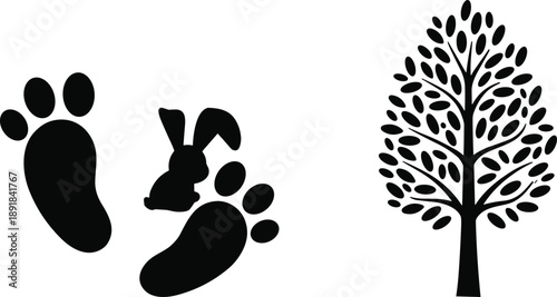 Easter sunday silhouette bunny footprints and tree on white background