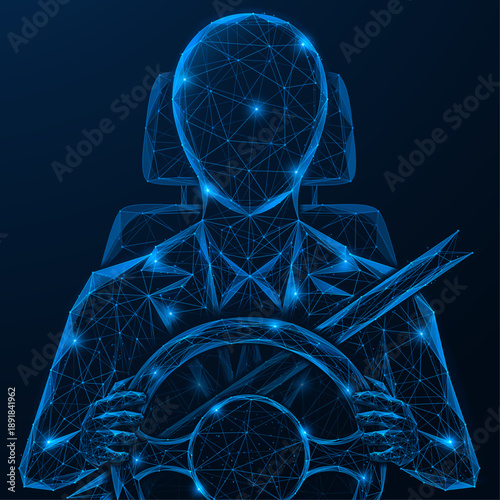 Artificial intelligence that controls transport. The figure of the driver behind the wheel of the car. The concept of autonomous driving, machine vision and intelligent control systems.