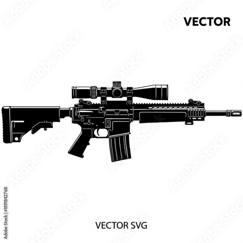 Black and white vector illustration of a modern assault rifle with scope