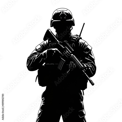 Silhouette of a soldier in military gear holding a rifle with a radio