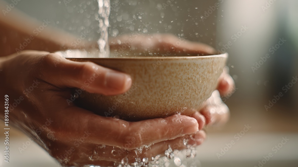 Fototapeta premium Close-Up of Hands Washing Ceramic Tea Cup Under Running Water